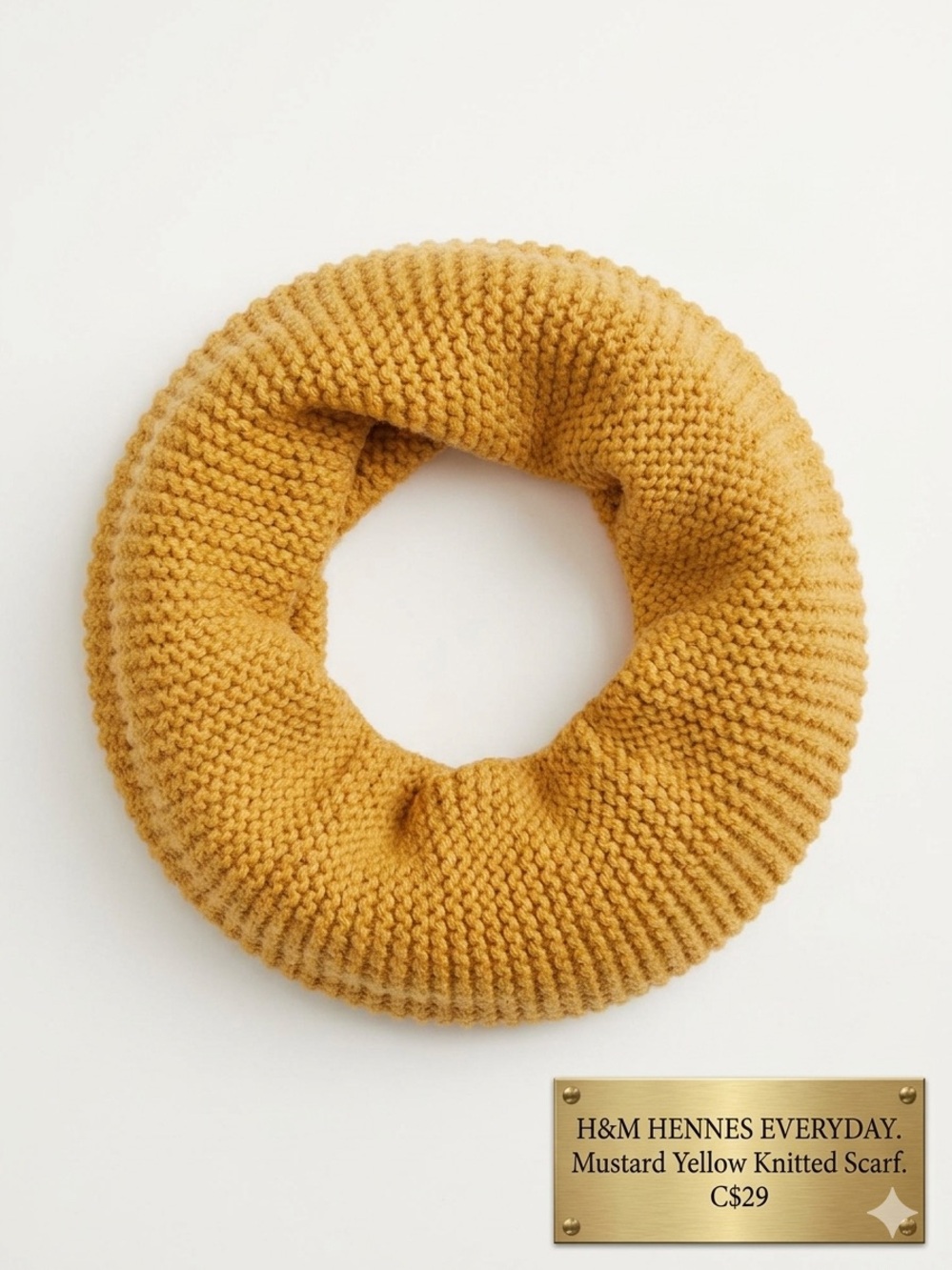 H&M Mustard Yellow Knitted Infinity Snood Cowl Scarf One Size Thick Garter EUC